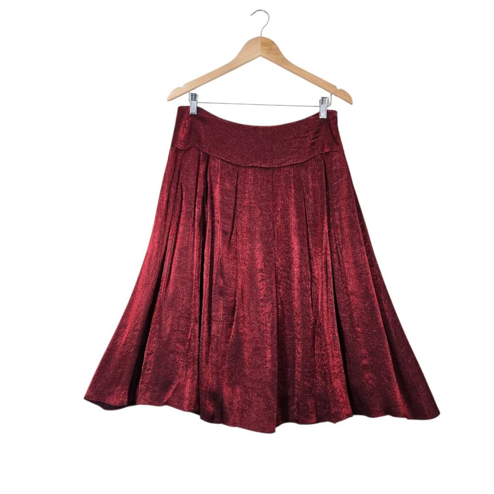 Coldwater Creek Pleated Full Midi Skirt 10 Red Metallic Shimmer Party Holiday